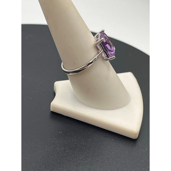 V925 Four Prong Set Emerald Cut Amethyst and Cz Accent Sterling Ring Sz 8.25 - Picture 4 of 10